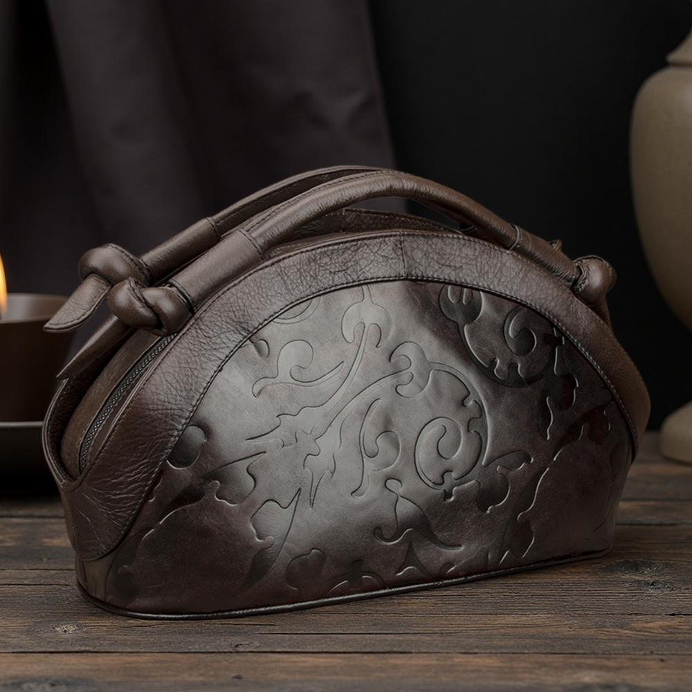 Vintage Coffee Embossing Calf Leather Women's Tote Handbag