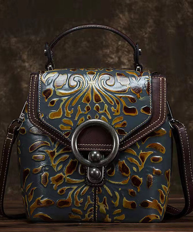 Unique Yellow Embossing Paitings Calf Leather Backpack Bag