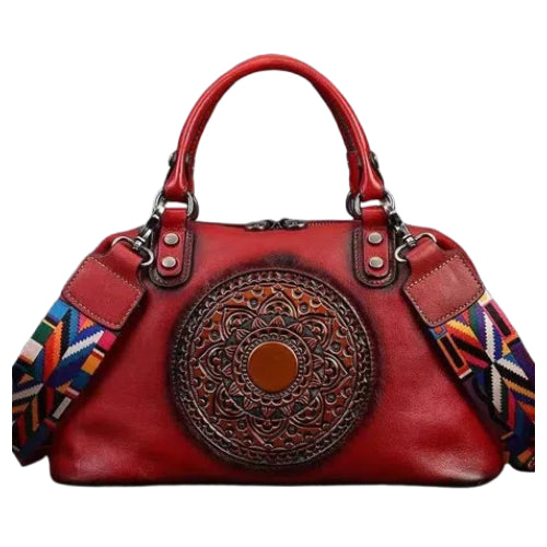 Retro Red Cowhide Women Large Capacity Handbag