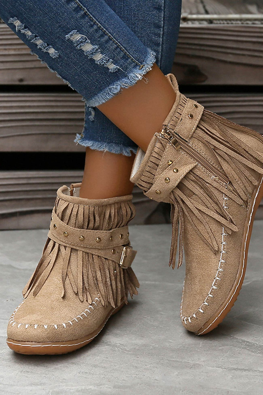 Tassel Rivet Buckle Ankle Boots