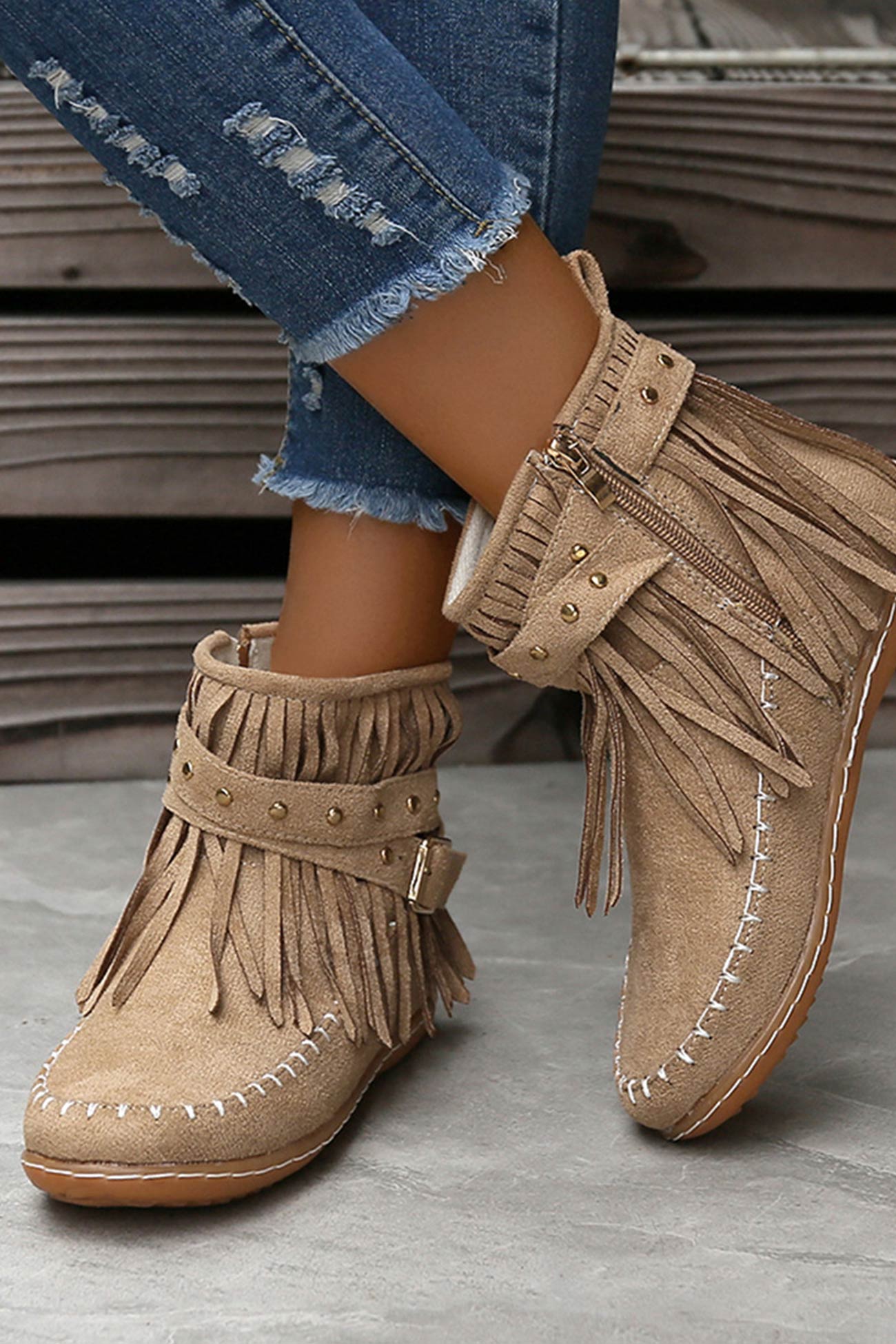 Tassel Rivet Buckle Ankle Boots