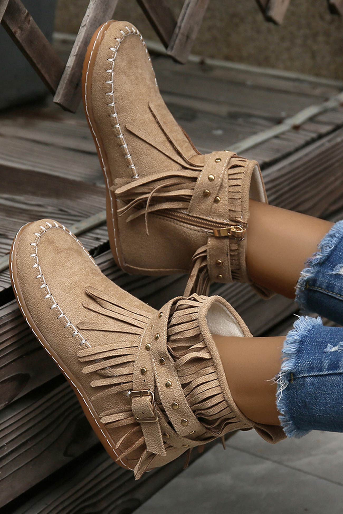 Tassel Rivet Buckle Ankle Boots