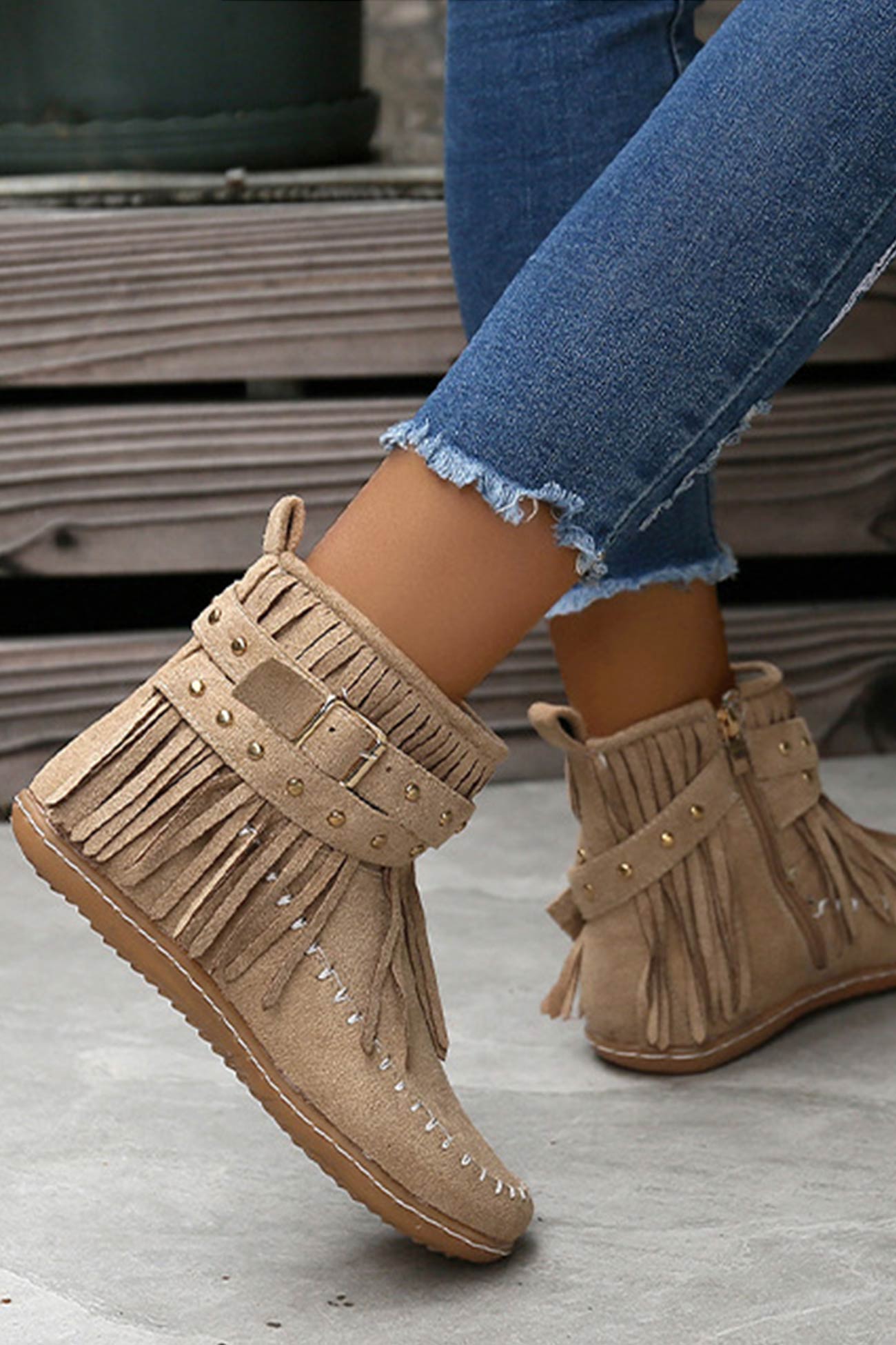 Tassel Rivet Buckle Ankle Boots