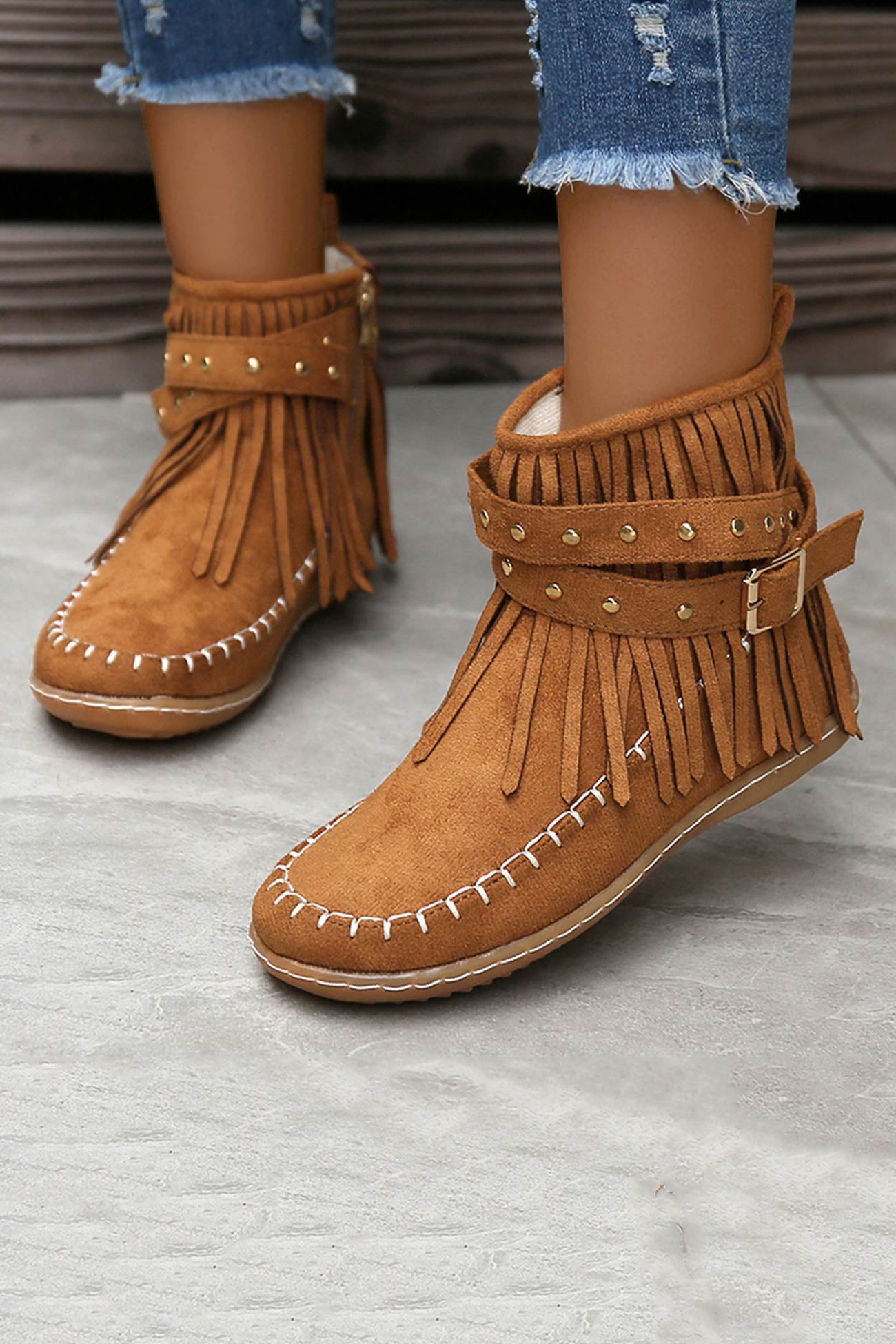 Tassel Rivet Buckle Ankle Boots