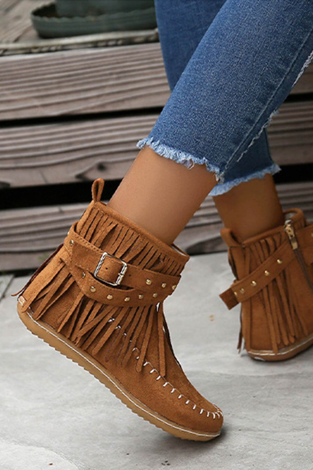 Tassel Rivet Buckle Ankle Boots