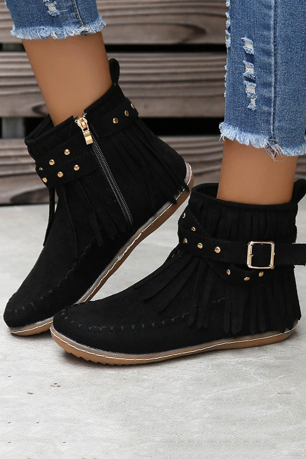 Tassel Rivet Buckle Ankle Boots